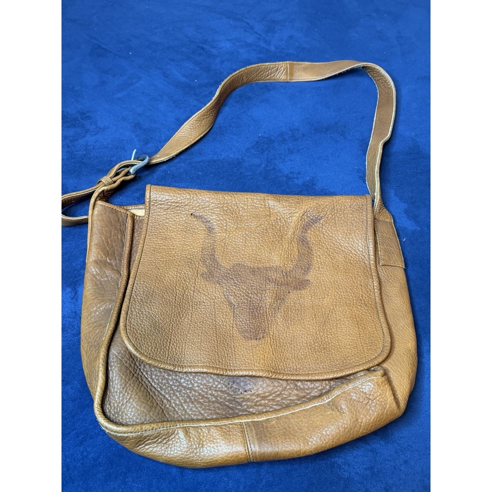 Vtg Tan Western Leather Messenger Bag Steer Bull Design Crossbody Mens